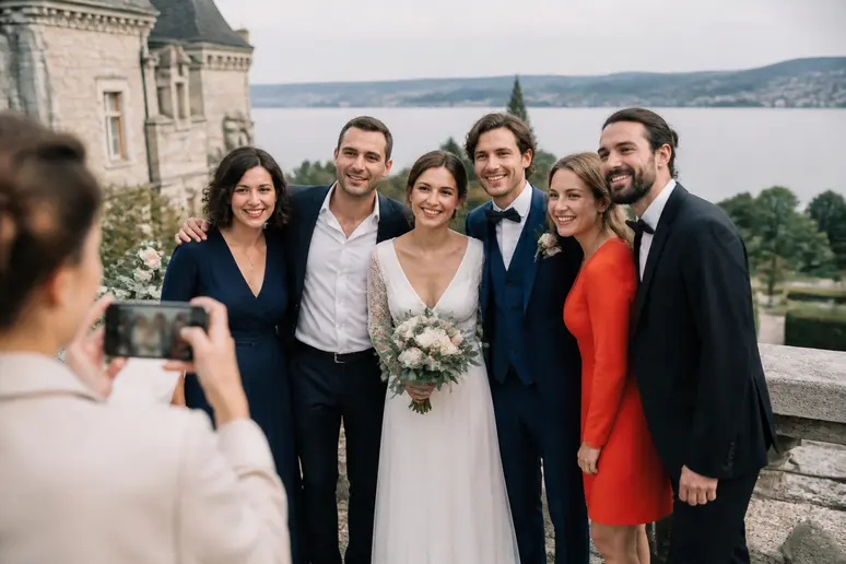Mariés heureux profitant de la vue au château de Duingt pour leur réception.