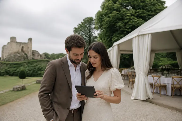 Couple consultant la météo sous un chapiteau pour une château de Gisors cérémonie romantique.