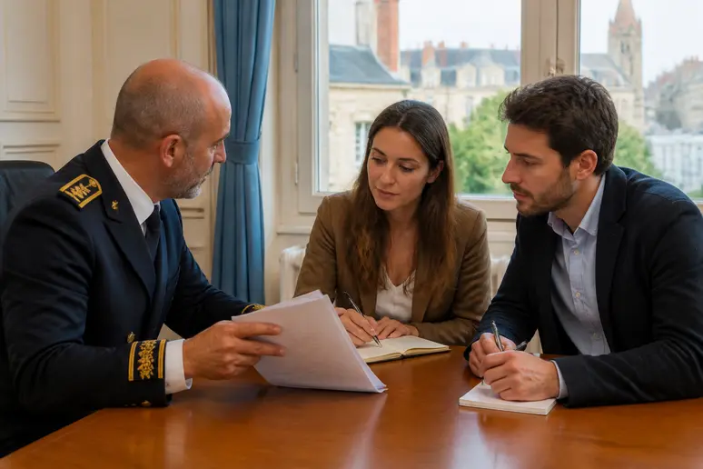 Couple obtenant des informations pour une château de Gisors cérémonie romantique.