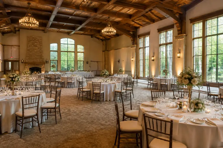 Grande salle de réception aménagée pour un mariage avec tables rondes et nappes blanches