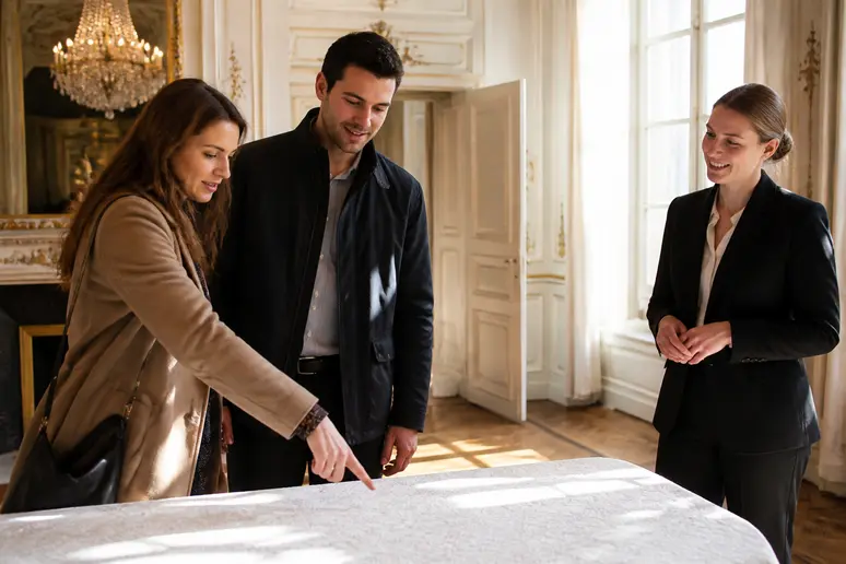Couple visitant le château de Santeny pour organiser leur mariage.