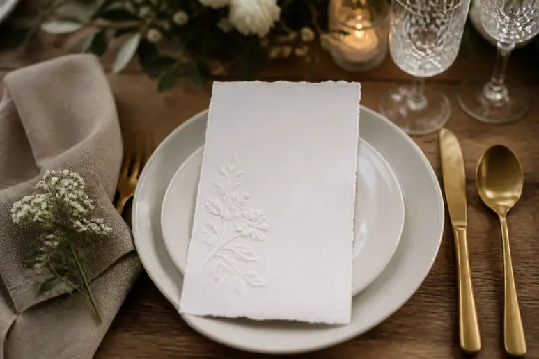 Carte de papeterie de mariage posée sur une table avec une citation sur l'amour
