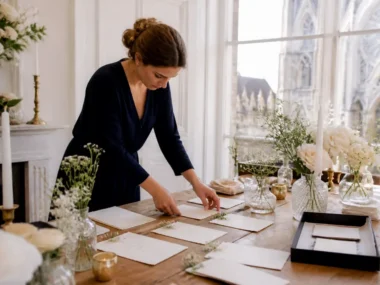 Une wedding planner dispose une belle citation sur l'amour sur une table de cérémonie à Chartres