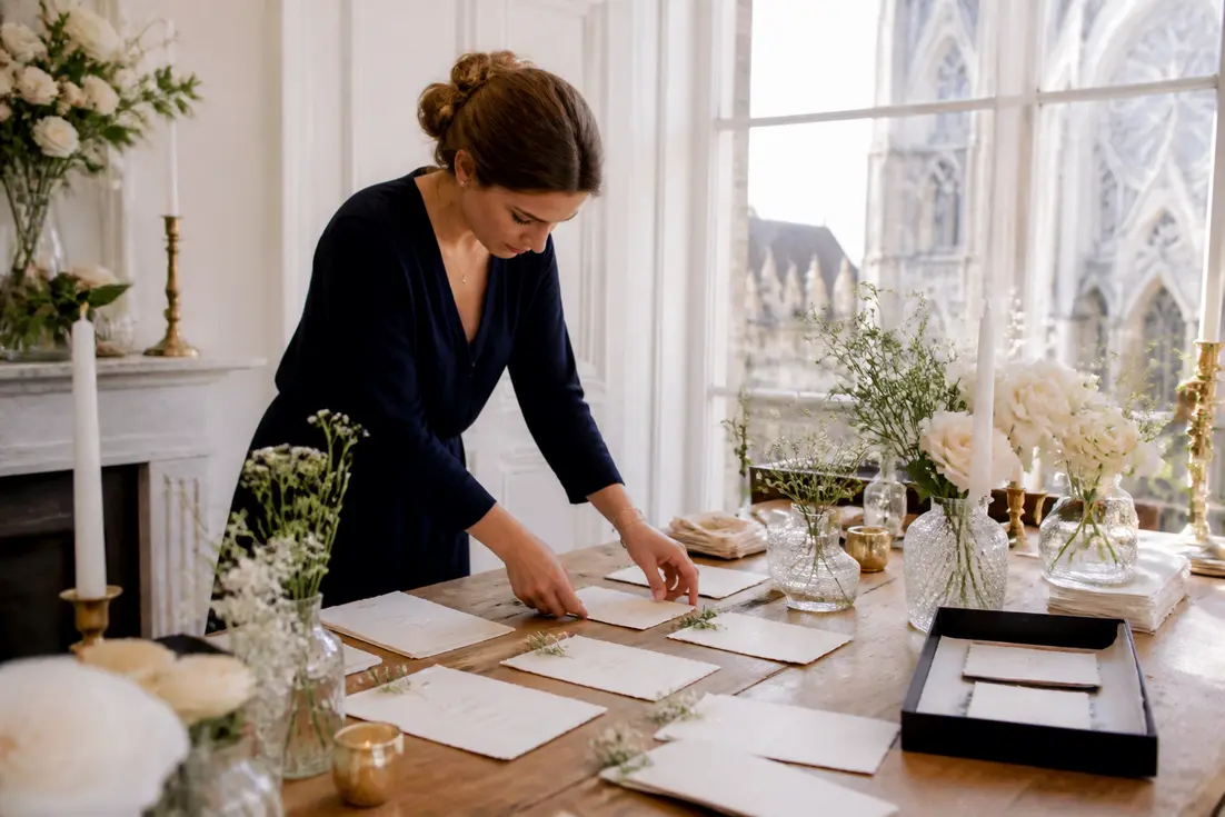 Une wedding planner dispose une belle citation sur l'amour sur une table de cérémonie à Chartres