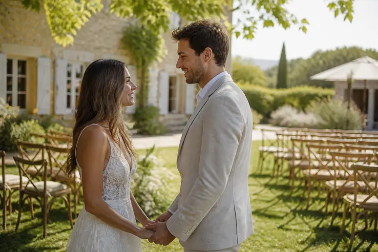 Comment choisir citation mariage : couple s'échangeant un regard tendre lors de la répétition de leur cérémonie.