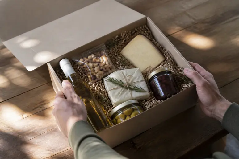Ouverture d'un coffret cadeau couple rempli de produits artisanaux gourmands sur une table en bois.