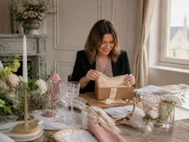 Un wedding planner prépare un coffret cadeau couple sur une table en bois avec des décorations de mariage