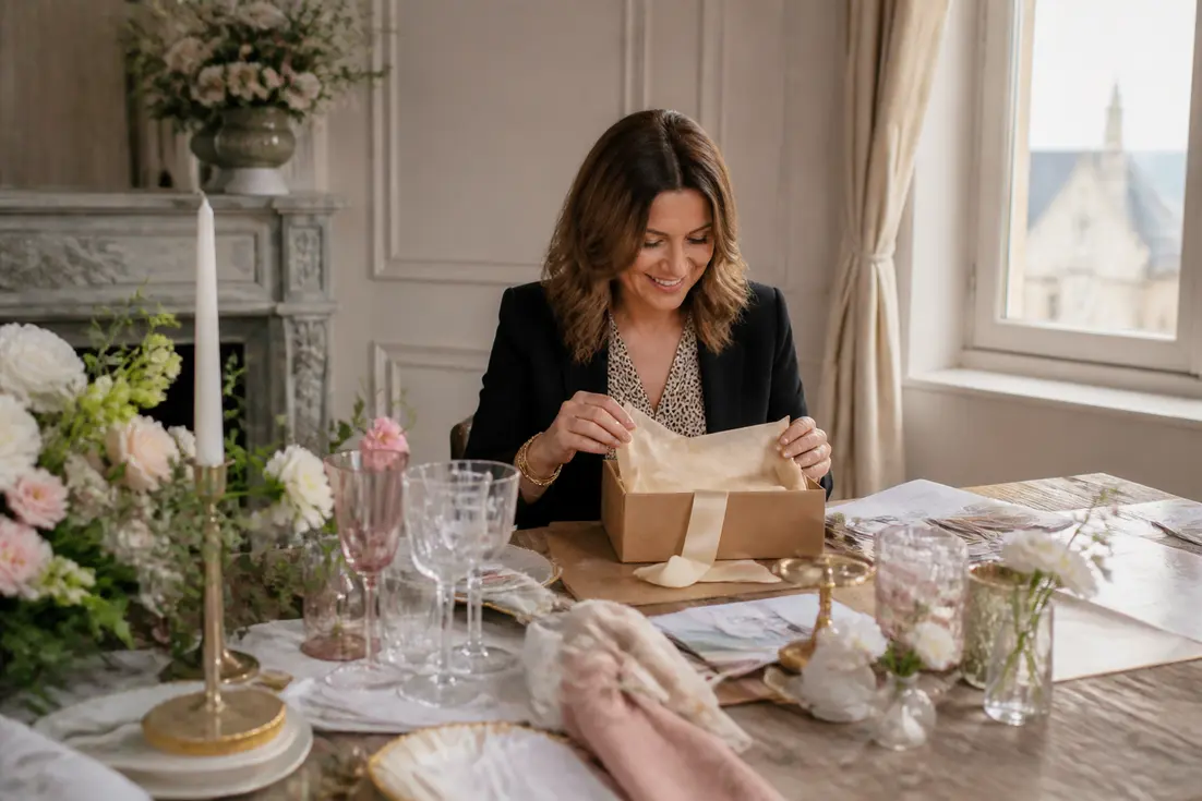 Un wedding planner prépare un coffret cadeau couple sur une table en bois avec des décorations de mariage