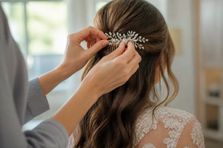 Mains plaçant un peigne bijou dans une coiffure de mariage sur cheveux longs