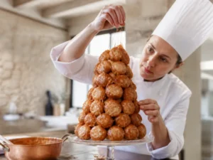 Un pâtissier assemble un croquembouche traditionnel avec du caramel dans une cuisine lumineuse