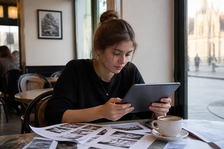 Jeune femme à Chartres planifiant une deco anniversaire 18 ans, comparant des lieux sur une tablette avec sérieux.