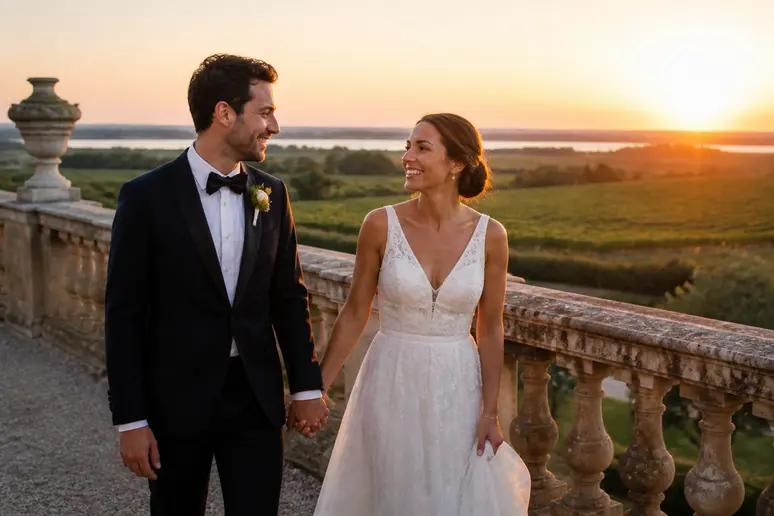 Couple souriant sur la terrasse du Château de Méjanes, cadre de rêve pour mariage en Camargue.