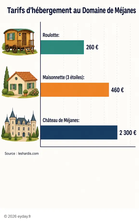 Comparaison des tarifs d'hébergement au Domaine de Méjanes pour différents types de logements.