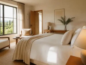 chambre double élégante et lumineuse au domaine le mezo avec lit king-size et vue sur la nature
