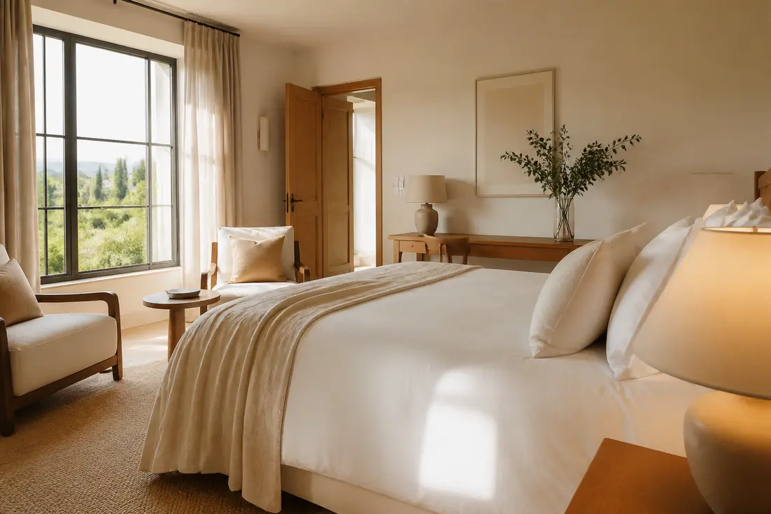 chambre double élégante et lumineuse au domaine le mezo avec lit king-size et vue sur la nature