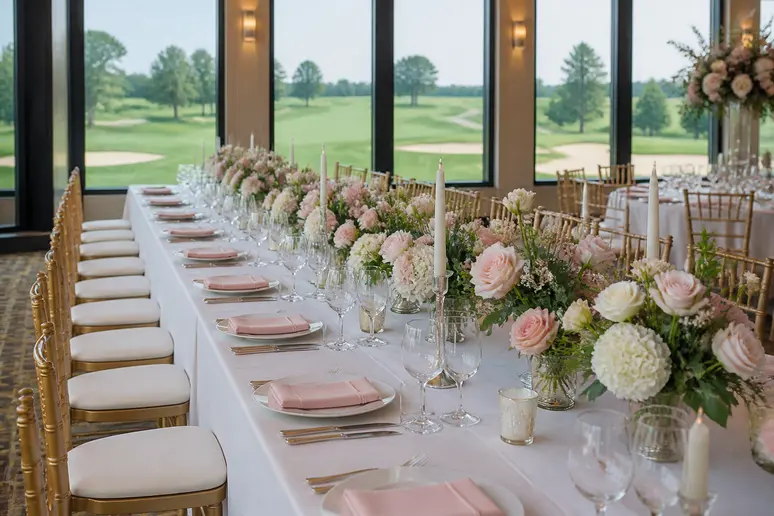 Table de mariage dressée dans une salle avec vue sur le Golf de Feucherolles.