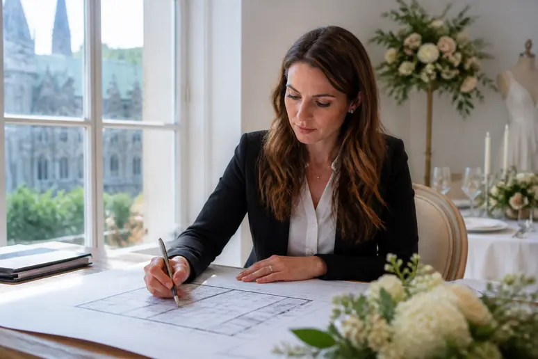 Un wedding planner analyse des plans dans un bureau, préparant le mariage idéal dans un club.