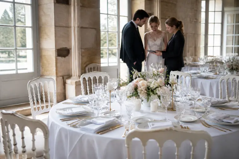 Table de mariage élégante au Manoir de la Régate, avec vaisselle fine et fleurs.