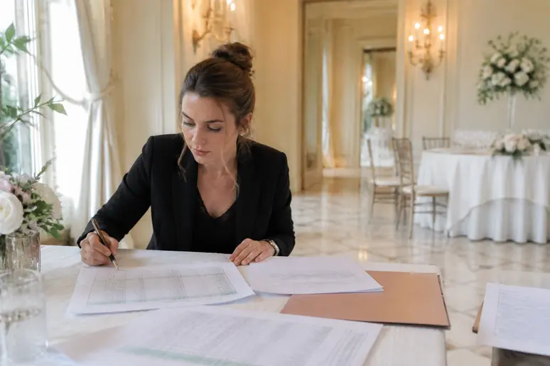 Planification budgétaire d'un mariage au Manoir des Cygnes, avec des documents financiers détaillés sur une table.