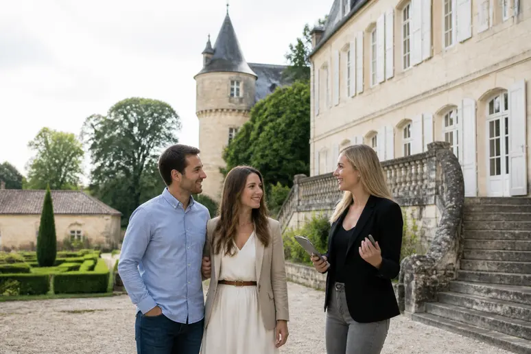Visite guidée du Manoir des Cygnes : un couple discute avec un gestionnaire du lieu.