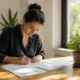 Une personne remplit des documents administratifs sur un bureau en bois près d'une fenêtre pour l'obtention d'un livret de famille