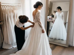 Une future mariée essaie une location robe de mariée dans une boutique lumineuse à Chartres