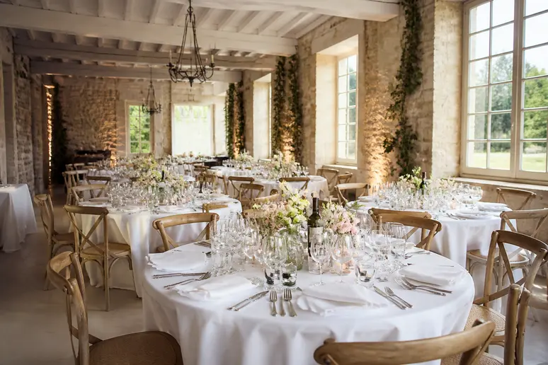 Salle de réception lumineuse dressée avec des tables rondes pour un mariage.