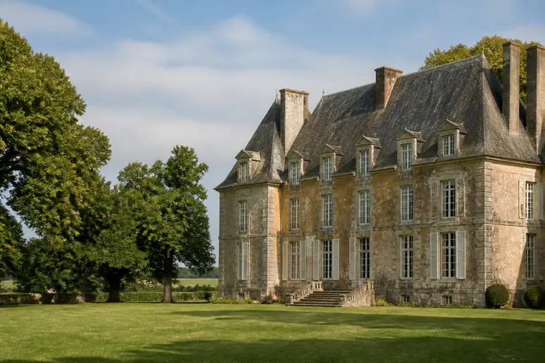 Vue extérieure du domaine normand et de son grand parc arboré pour mariage.