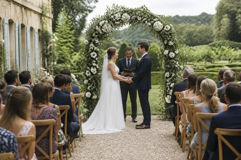 Jeune couple célébrant sa cérémonie laïque personnalisée dans un jardin français, échangeant leurs vœux avec émotion.