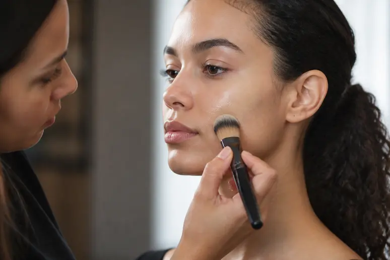 Application d'un fond de teint fluide au pinceau pour un maquillage de mariage lumineux