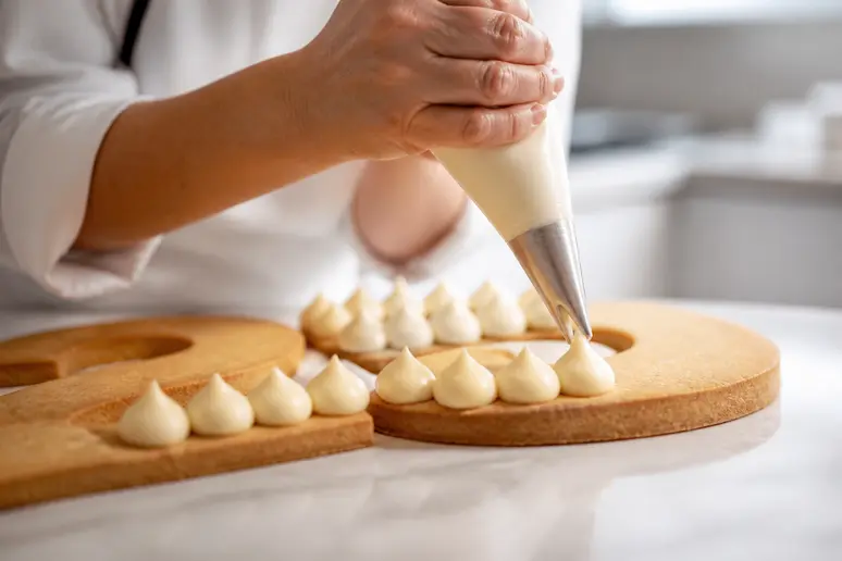 Pochage de la crème sur une base de biscuit pour un number cake réussi.