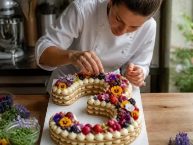 confection artisanale et decoration minutieuse d un number cake aux fruits frais pour un anniversaire