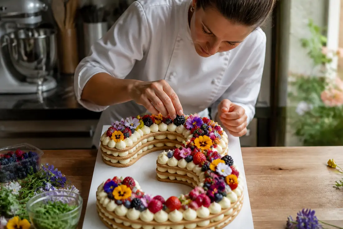 confection artisanale et decoration minutieuse d un number cake aux fruits frais pour un anniversaire