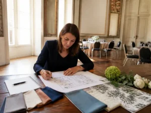 Une wedding planner prépare l'organisation un séminaire avec des échantillons de décoration sur une grande table lumineuse
