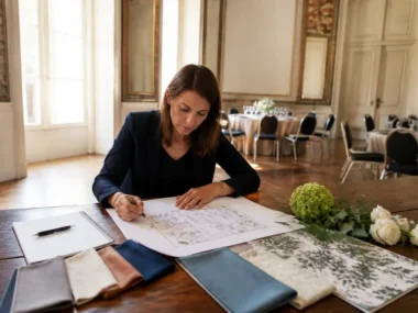 Une wedding planner prépare l'organisation un séminaire avec des échantillons de décoration sur une grande table lumineuse