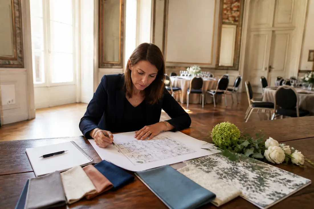 Une wedding planner prépare l'organisation un séminaire avec des échantillons de décoration sur une grande table lumineuse