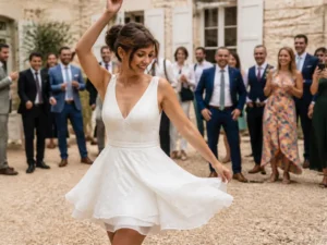 Jeune mariée souriante qui danse en portant une robe de mariée courte lors d'une réception de mariage.