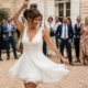 Jeune mariée souriante qui danse en portant une robe de mariée courte lors d'une réception de mariage.