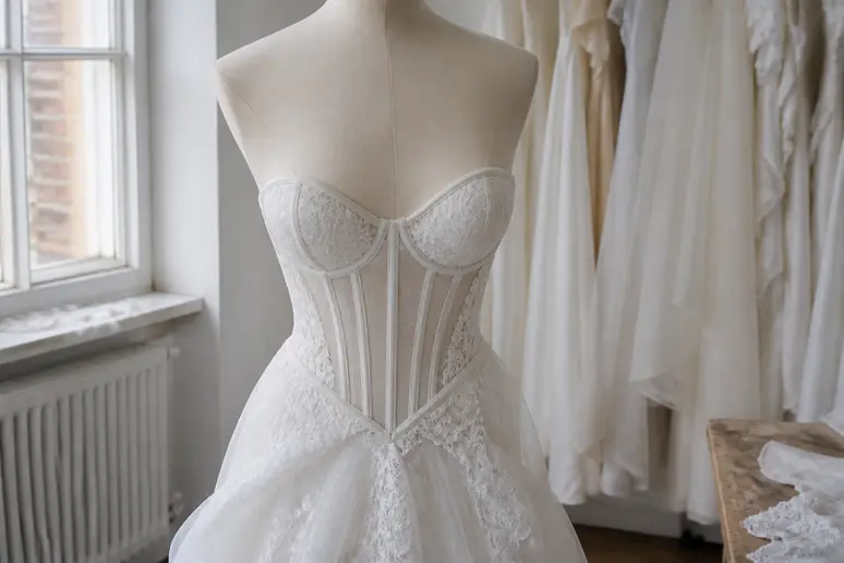 Gros plan sur la structure interne et les baleines d'un corset de robe de mariée pas cher
