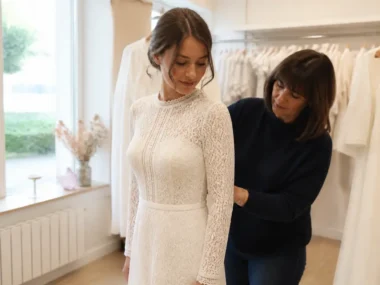 Une future mariée essaie une robe de mariée pas cher dans une boutique lumineuse.