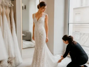Une future mariée essaie une élégante robe de mariée sirène dans une boutique lumineuse à Chartres.
