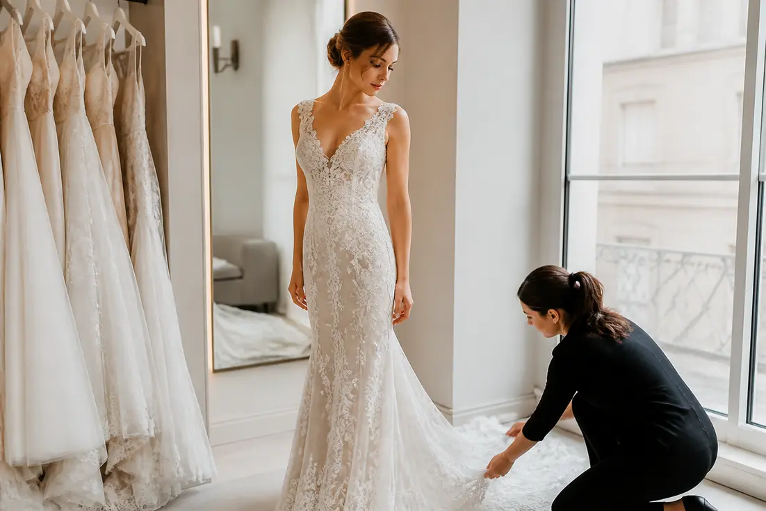 Une future mariée essaie une élégante robe de mariée sirène dans une boutique lumineuse à Chartres.