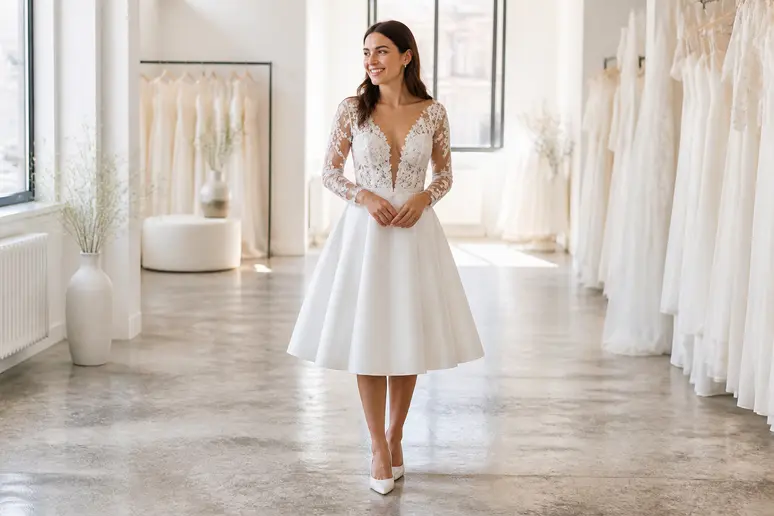 Jeune femme essayant une robe de mariée courte et épurée en crêpe léger pour son mariage civil.