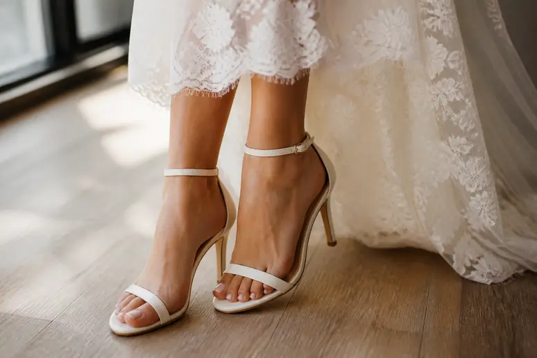 Escarpins élégants et finitions d'une robe de mariée courte mettant en valeur les chevilles.