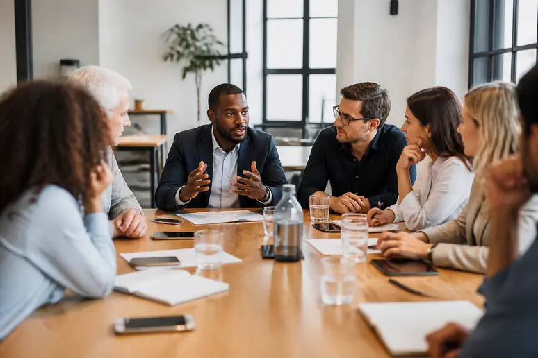 Collaborateurs en réunion de travail active lors d'un séminaire d'entreprise en salle lumineuse