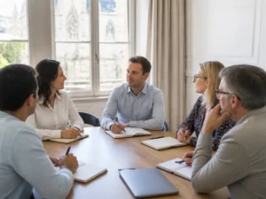 Des collaborateurs participent activement à un séminaire d'entreprise dans une salle lumineuse à Chartres.