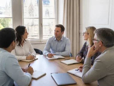 Des collaborateurs participent activement à un séminaire d'entreprise dans une salle lumineuse à Chartres.