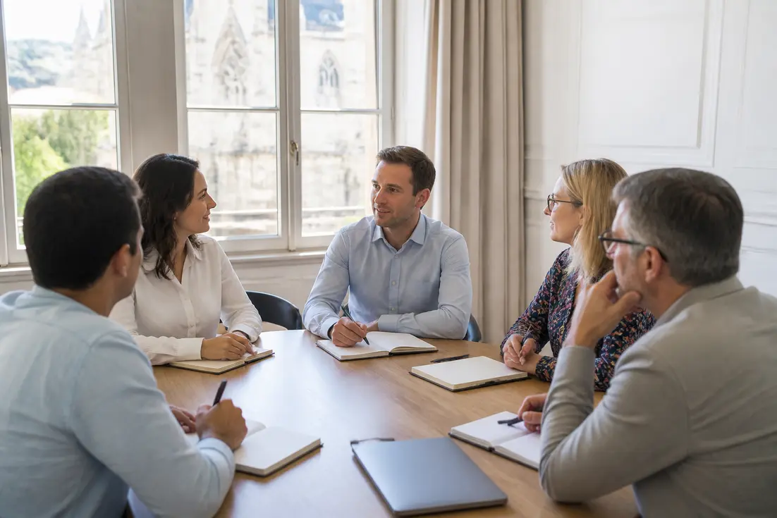 Des collaborateurs participent activement à un séminaire d'entreprise dans une salle lumineuse à Chartres.