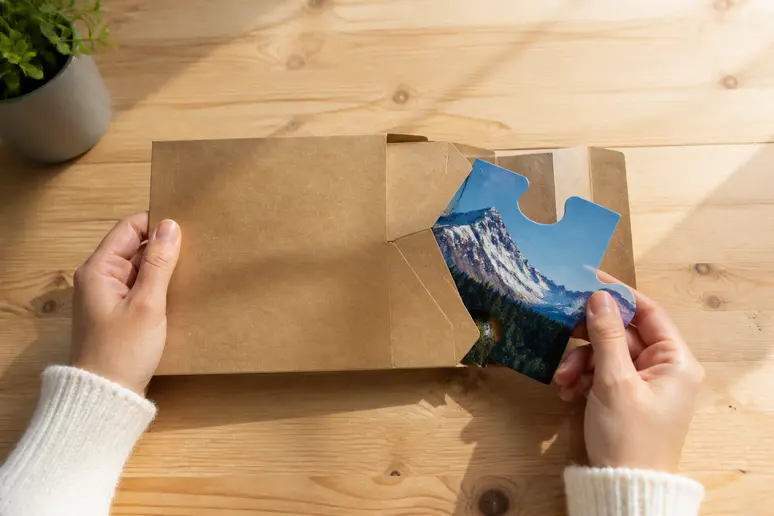 Enveloppe cartonnée contenant un puzzle personnalisé pour annoncer une grossesse par la poste