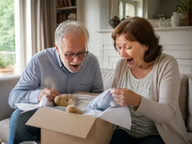 Un couple de futurs grands-parents découvrant de superbes idées cadeaux annonce grossesse grands-parents dans un salon lumineux.